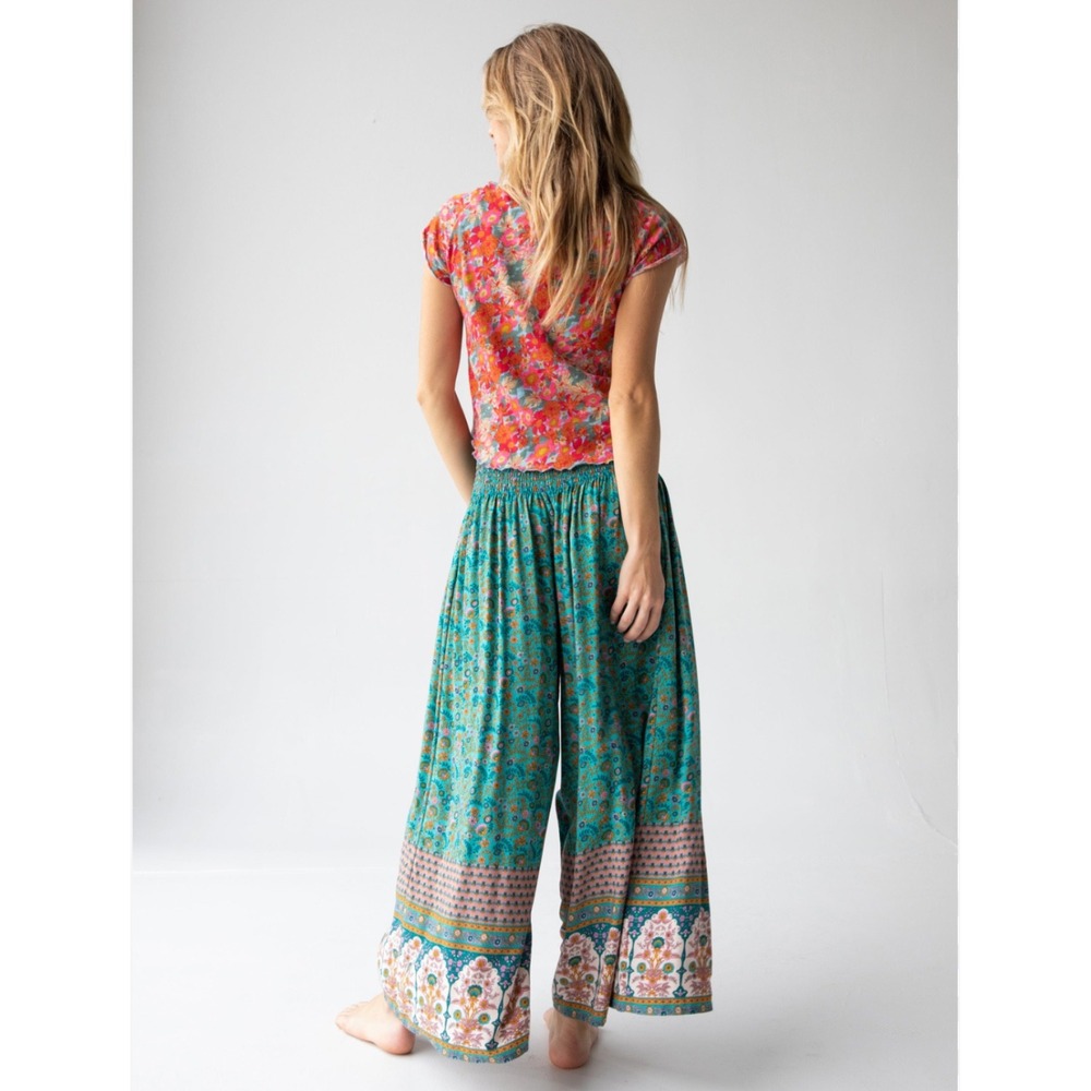 Natural Life Wide Leg Flowy Smocked Waist Floral Pants Womens Small Teal Orange